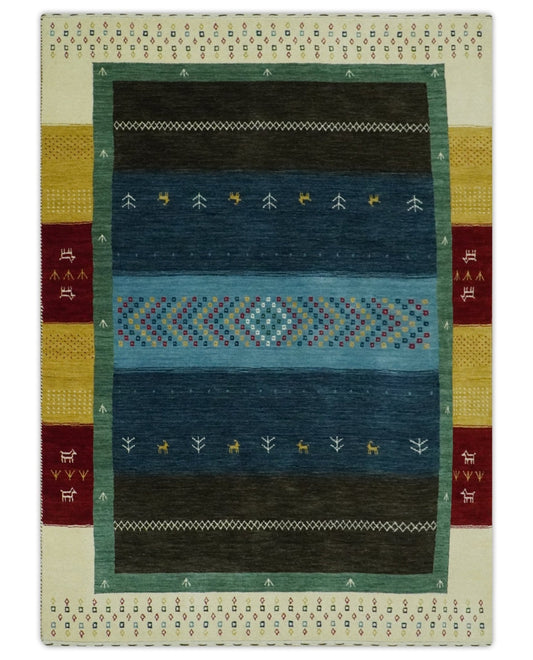 Tribal Gabbeh Blue, Gold, Maroon and Ivory Stripes design Traditional Wool Area Rug.