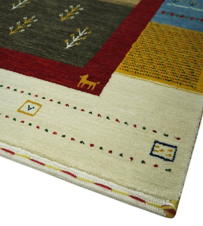 Tribal Gabbeh Gold, Ivory, Blue and Charcoal Stripes design Custom Made Wool Rug.