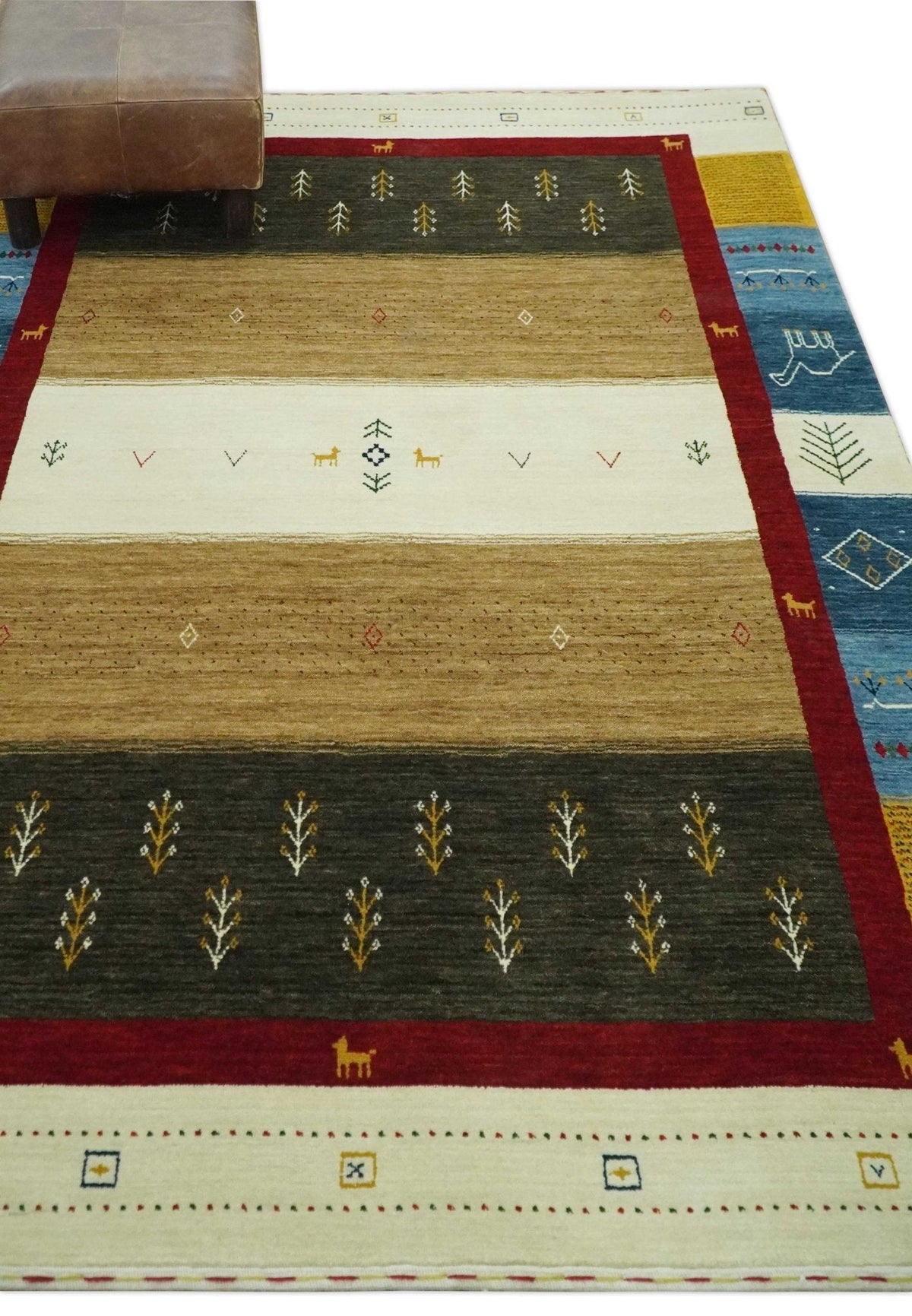 Tribal Gabbeh Gold, Ivory, Blue and Charcoal Stripes design Custom Made Wool Rug.