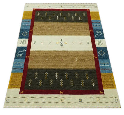 Tribal Gabbeh Gold, Ivory, Blue and Charcoal Stripes design Custom Made Wool Rug.