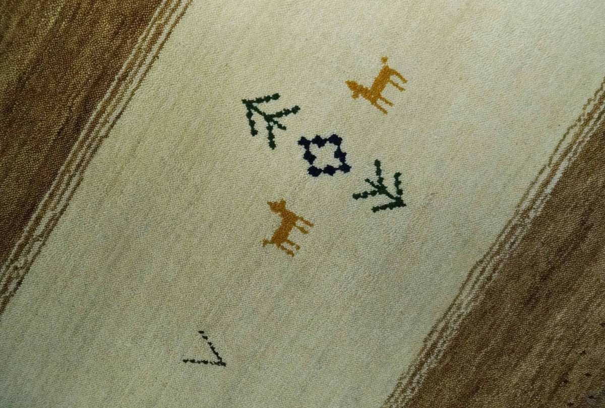 Tribal Gabbeh Gold, Ivory, Blue and Charcoal Stripes design Custom Made Wool Rug.