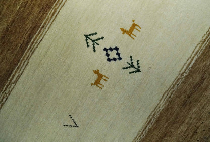 Tribal Gabbeh Gold, Ivory, Blue and Charcoal Stripes design Custom Made Wool Rug.