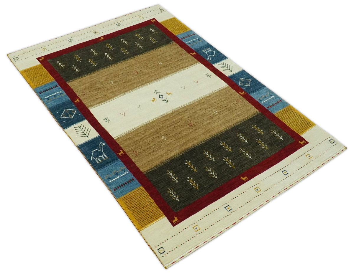 Tribal Gabbeh Gold, Ivory, Blue and Charcoal Stripes design Custom Made Wool Rug.