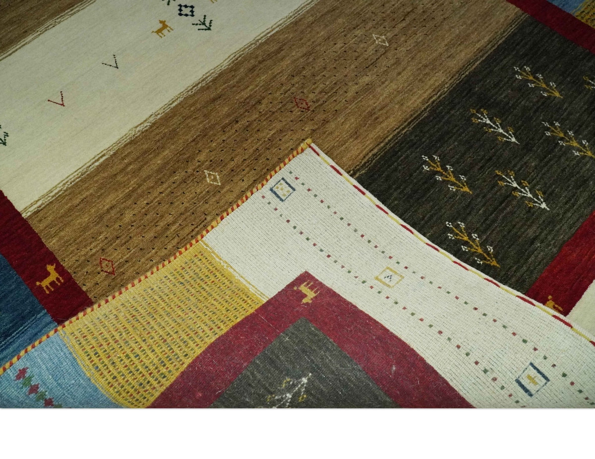 Tribal Gabbeh Gold, Ivory, Blue and Charcoal Stripes design Custom Made Wool Rug.