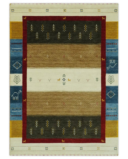 Tribal Gabbeh Gold, Ivory, Blue and Charcoal Stripes design Custom Made Wool Rug.
