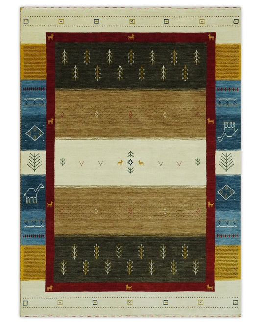 Tribal Gabbeh Gold, Ivory, Blue and Charcoal Stripes design Custom Made Wool Rug.