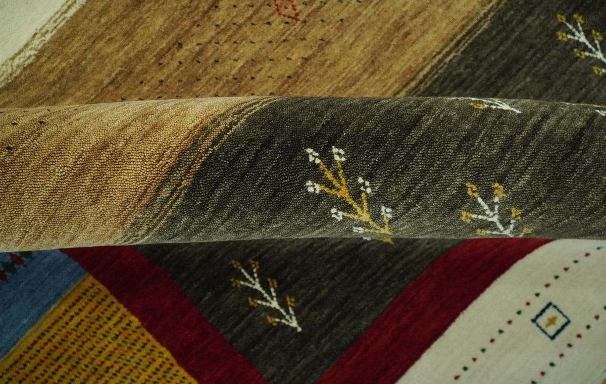 Tribal Gabbeh Gold, Ivory, Blue and Charcoal Stripes design Custom Made Wool Rug.