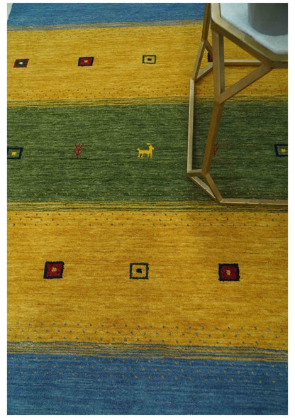 Tribal Gabbeh Green, Gold, Blue, Maroon and Ivory Stripes design Traditional Wool Area Rug.