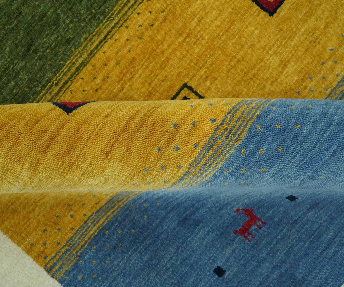Tribal Gabbeh Green, Gold, Blue, Maroon and Ivory Stripes design Traditional Wool Area Rug.