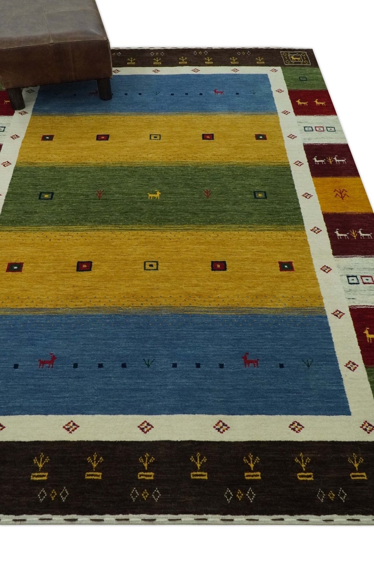 Tribal Gabbeh Green, Gold, Blue, Maroon and Ivory Stripes design Traditional Wool Area Rug.