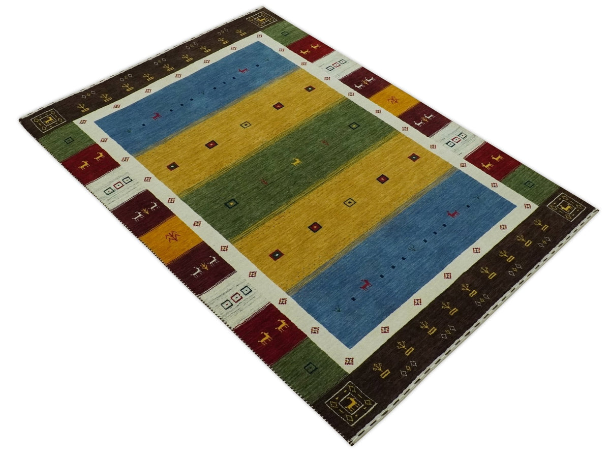 Tribal Gabbeh Green, Gold, Blue, Maroon and Ivory Stripes design Traditional Wool Area Rug.