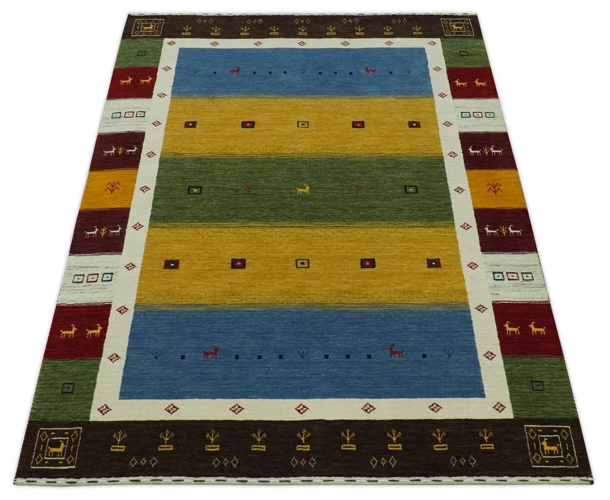 Tribal Gabbeh Green, Gold, Blue, Maroon and Ivory Stripes design Traditional Wool Area Rug.