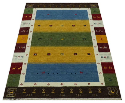 Tribal Gabbeh Green, Gold, Blue, Maroon and Ivory Stripes design Traditional Wool Area Rug.