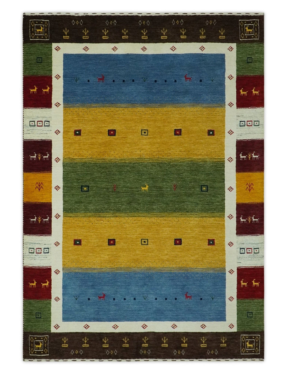 Tribal Gabbeh Green, Gold, Blue, Maroon and Ivory Stripes design Traditional Wool Area Rug.