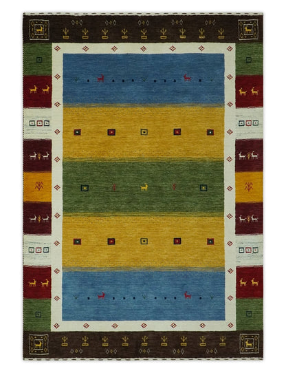 Tribal Gabbeh Green, Gold, Blue, Maroon and Ivory Stripes design Traditional Wool Area Rug.
