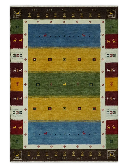 Tribal Gabbeh Green, Gold, Blue, Maroon and Ivory Stripes design Traditional Wool Area Rug.
