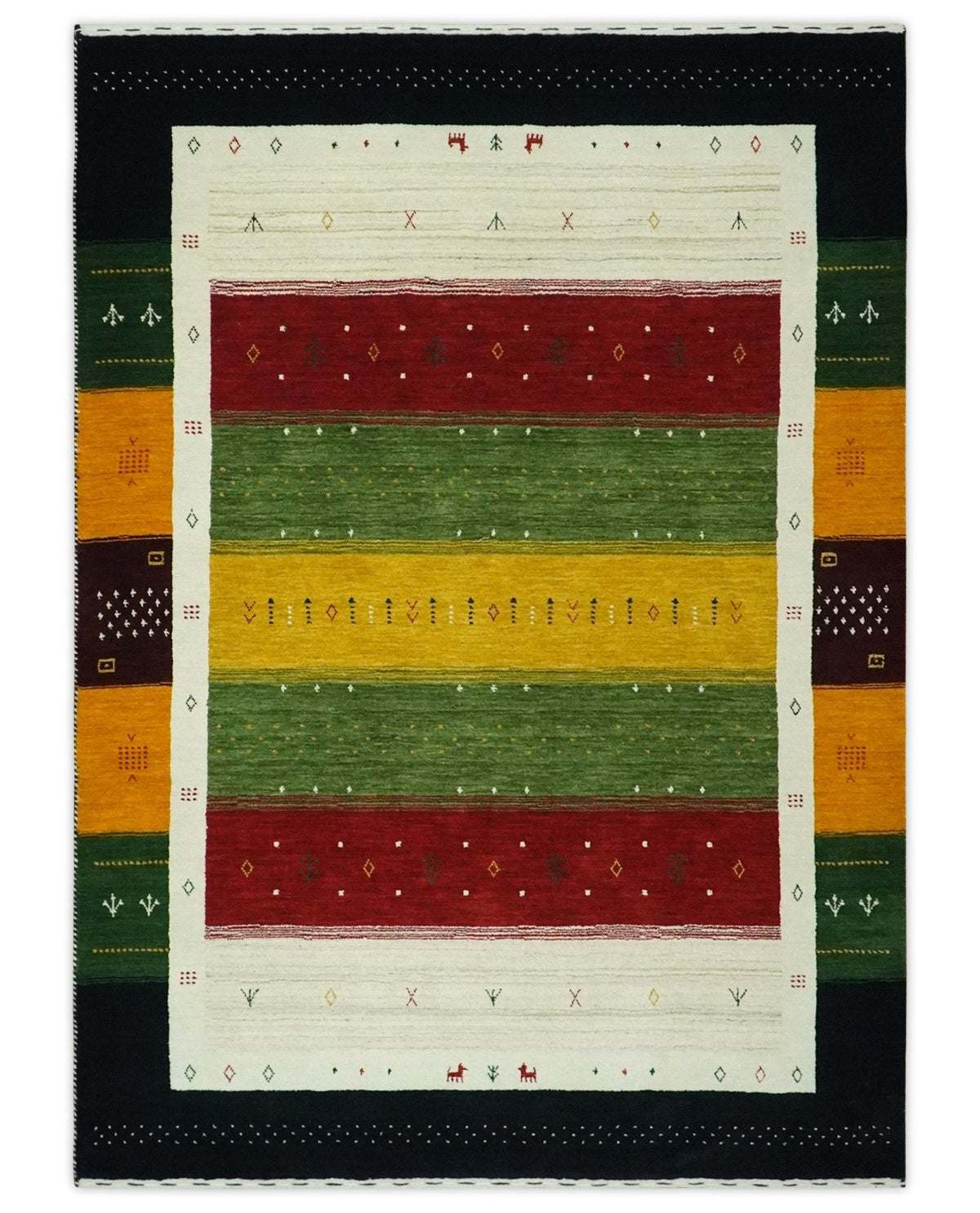 Tribal Gabbeh Green, Gold, Ivory, Maroon and Black Stripes design Traditional Hand loom Wool Area Rug.