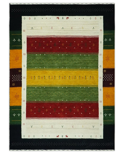 Tribal Gabbeh Green, Gold, Ivory, Maroon and Black Stripes design Traditional Hand loom Wool Area Rug.