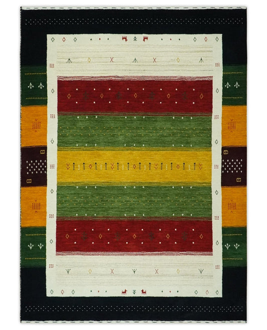 Tribal Gabbeh Green, Gold, Ivory, Maroon and Black Stripes design Traditional Hand loom Wool Area Rug.