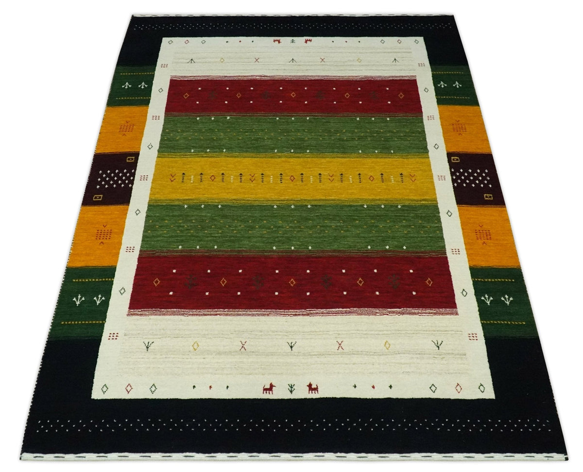 Tribal Gabbeh Green, Gold, Ivory, Maroon and Black Stripes design Traditional Hand loom Wool Area Rug.