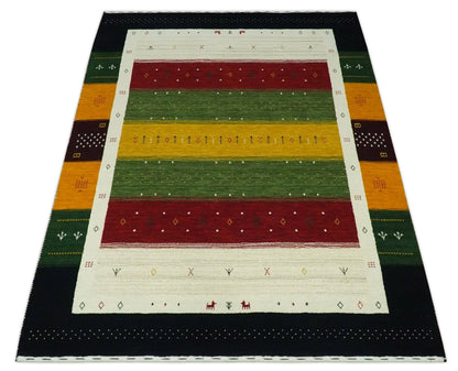 Tribal Gabbeh Green, Gold, Ivory, Maroon and Black Stripes design Traditional Hand loom Wool Area Rug.