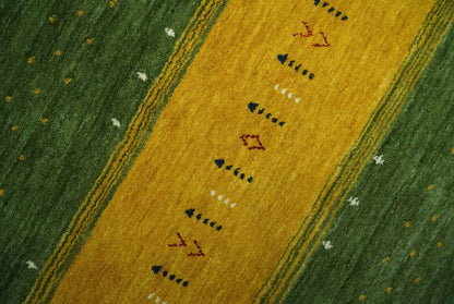 Tribal Gabbeh Green, Gold, Ivory, Maroon and Black Stripes design Traditional Hand loom Wool Area Rug.