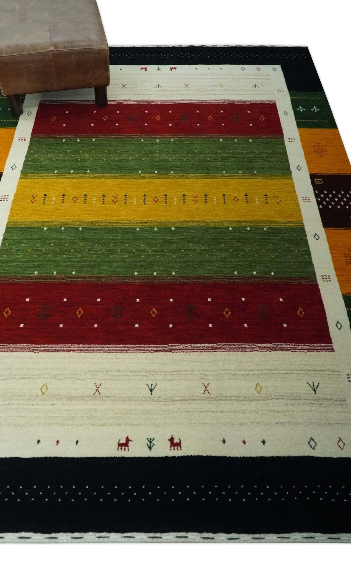 Tribal Gabbeh Green, Gold, Ivory, Maroon and Black Stripes design Traditional Hand loom Wool Area Rug.