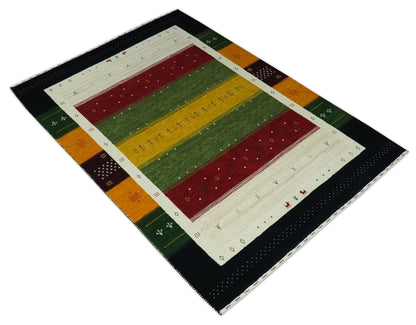 Tribal Gabbeh Green, Gold, Ivory, Maroon and Black Stripes design Traditional Hand loom Wool Area Rug.