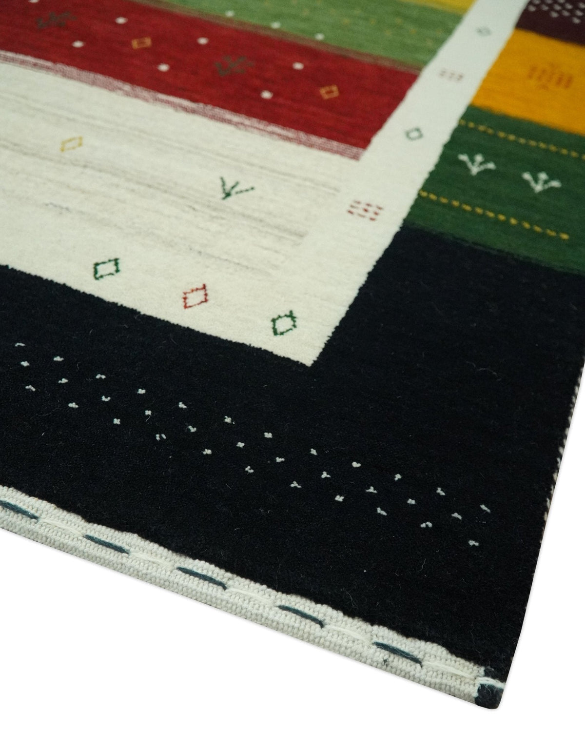 Tribal Gabbeh Green, Gold, Ivory, Maroon and Black Stripes design Traditional Hand loom Wool Area Rug.