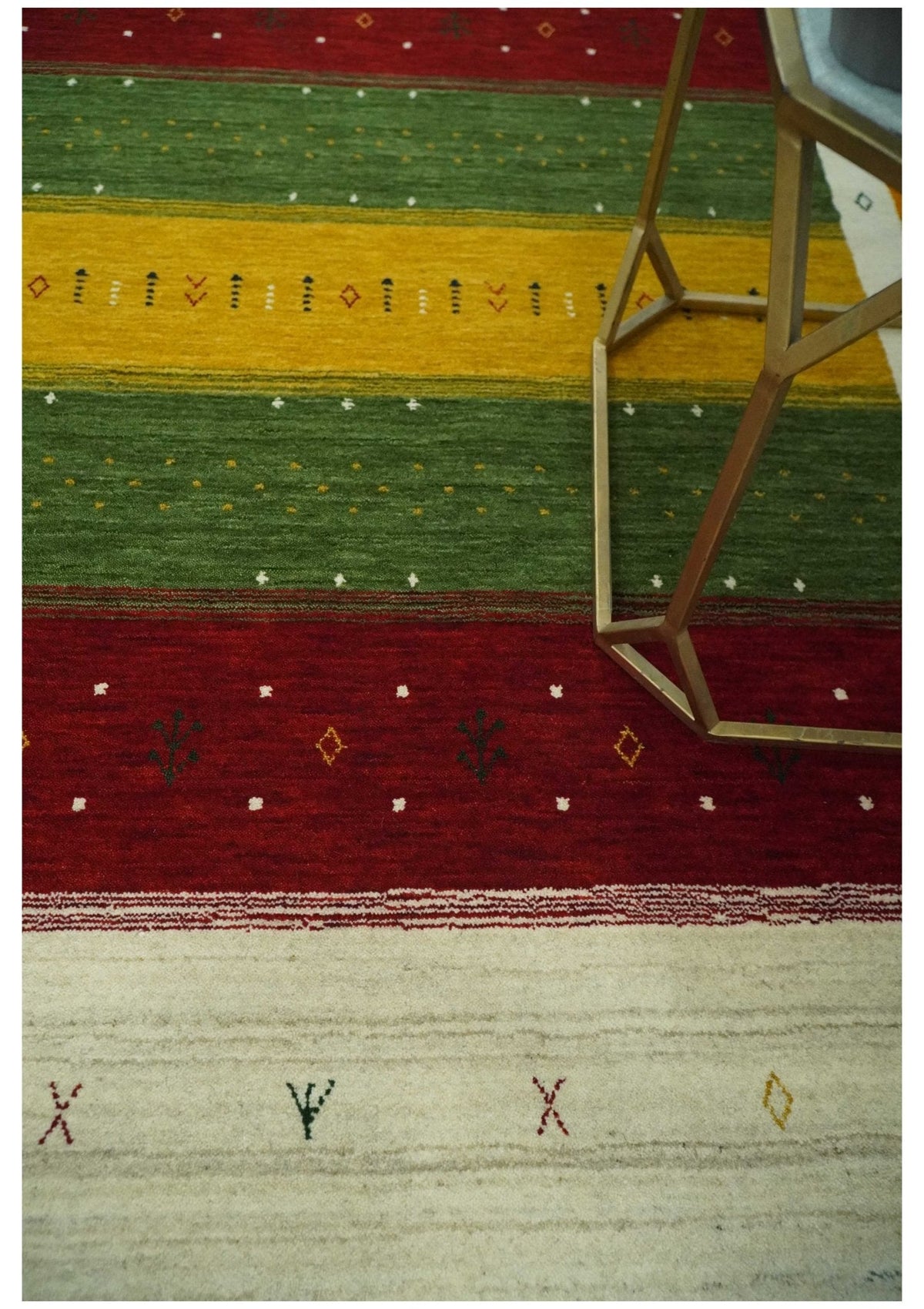 Tribal Gabbeh Green, Gold, Ivory, Maroon and Black Stripes design Traditional Hand loom Wool Area Rug.