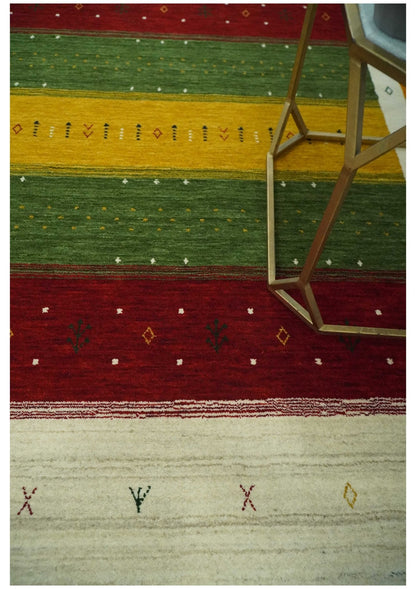 Tribal Gabbeh Green, Gold, Ivory, Maroon and Black Stripes design Traditional Hand loom Wool Area Rug.