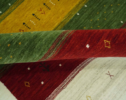 Tribal Gabbeh Green, Gold, Ivory, Maroon and Black Stripes design Traditional Hand loom Wool Area Rug.