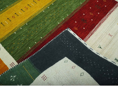 Tribal Gabbeh Green, Gold, Ivory, Maroon and Black Stripes design Traditional Hand loom Wool Area Rug.
