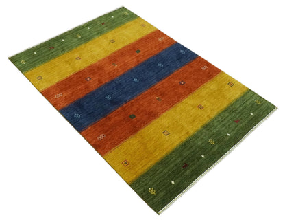Tribal Gabbeh Green, Gold, Rust and Blue Stripes Design Multi Size Wool area Rug.