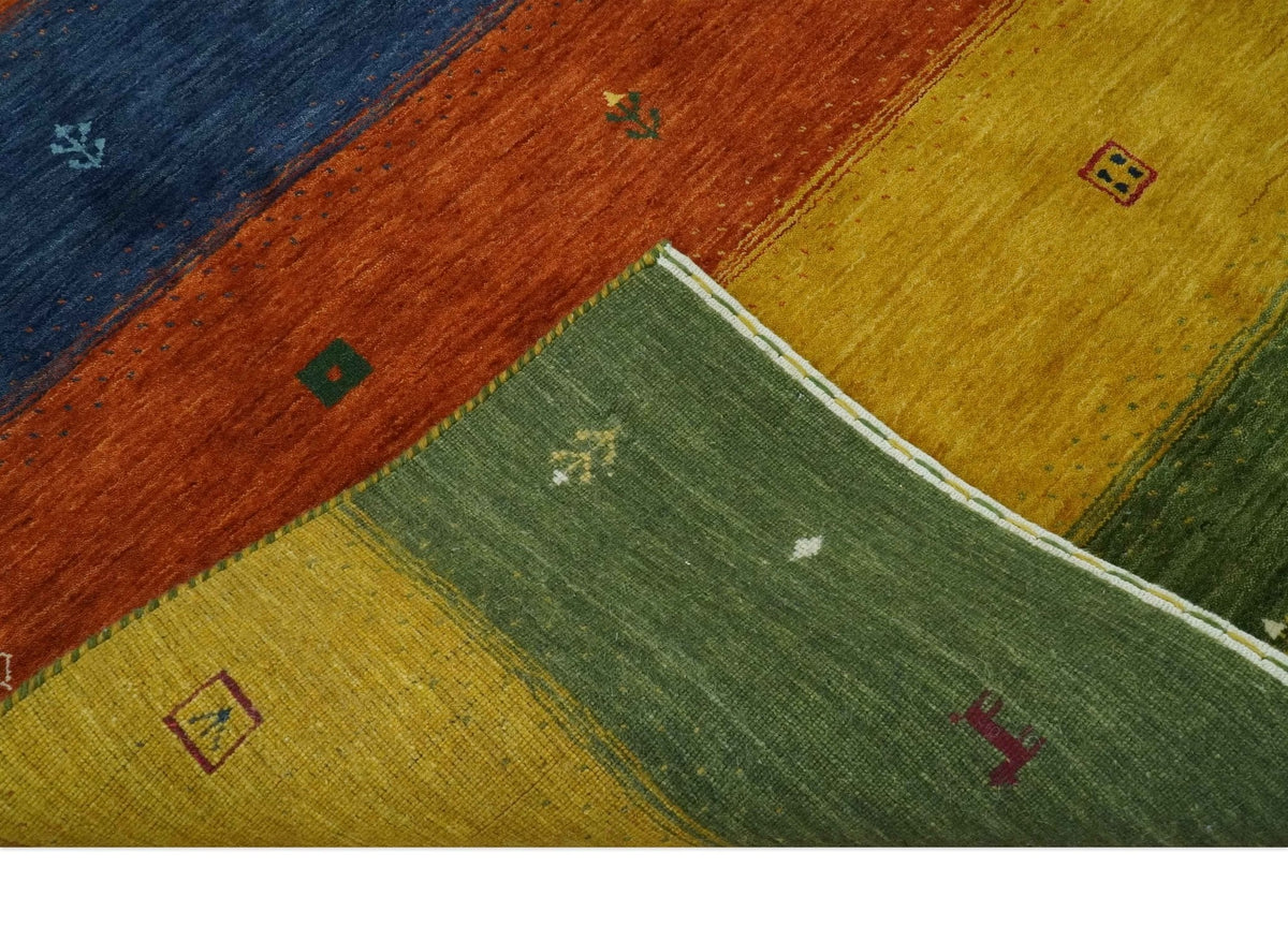 Tribal Gabbeh Green, Gold, Rust and Blue Stripes Design Multi Size Wool area Rug.
