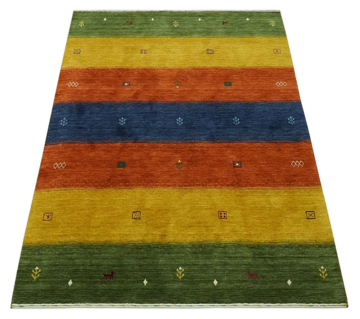 Tribal Gabbeh Green, Gold, Rust and Blue Stripes Design Multi Size Wool area Rug.