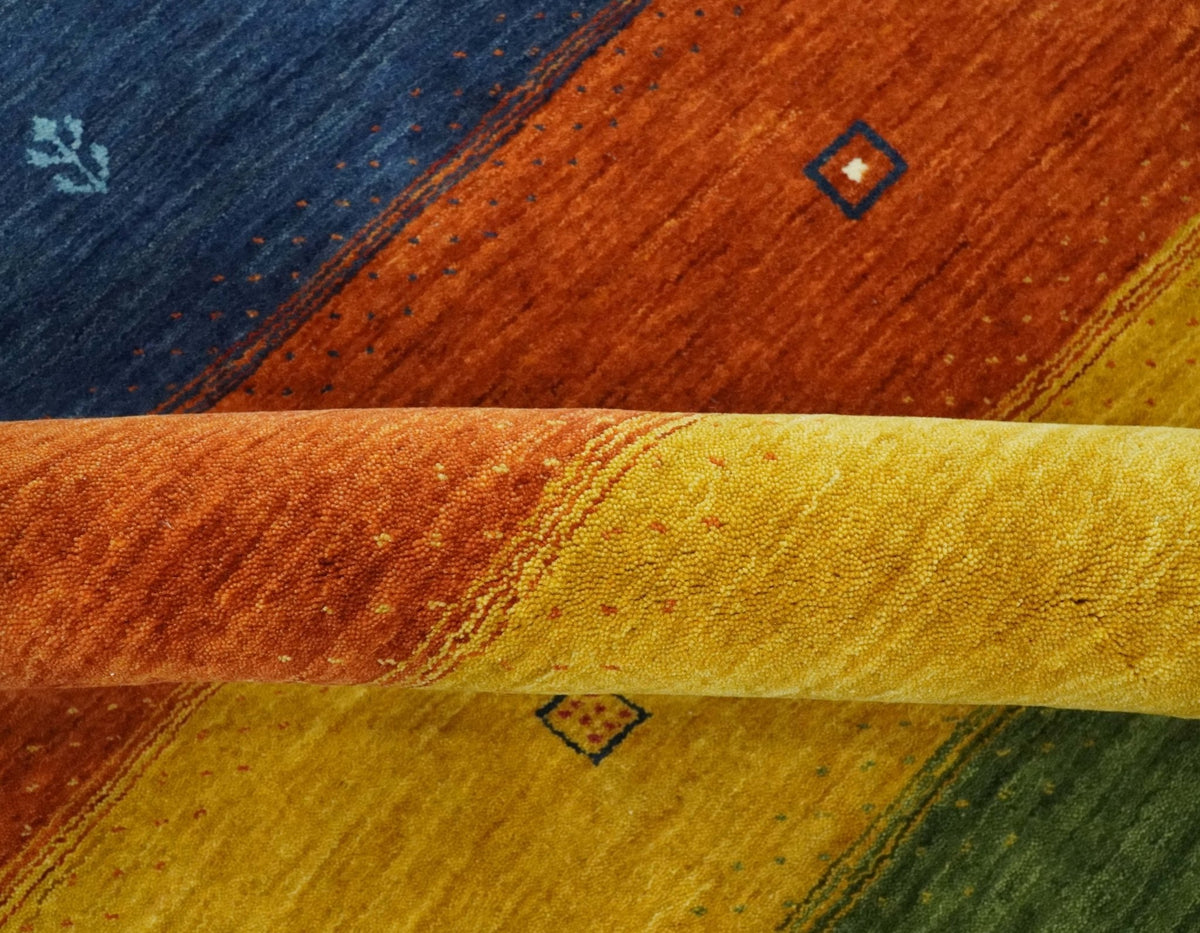 Tribal Gabbeh Green, Gold, Rust and Blue Stripes Design Multi Size Wool area Rug.