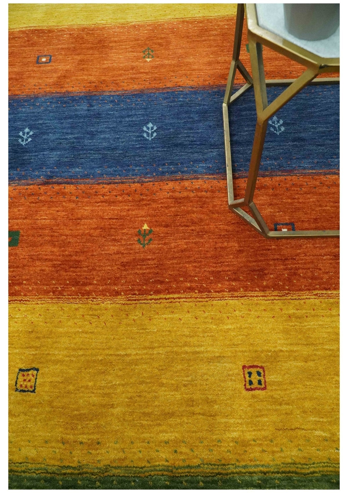 Tribal Gabbeh Green, Gold, Rust and Blue Stripes Design Multi Size Wool area Rug.