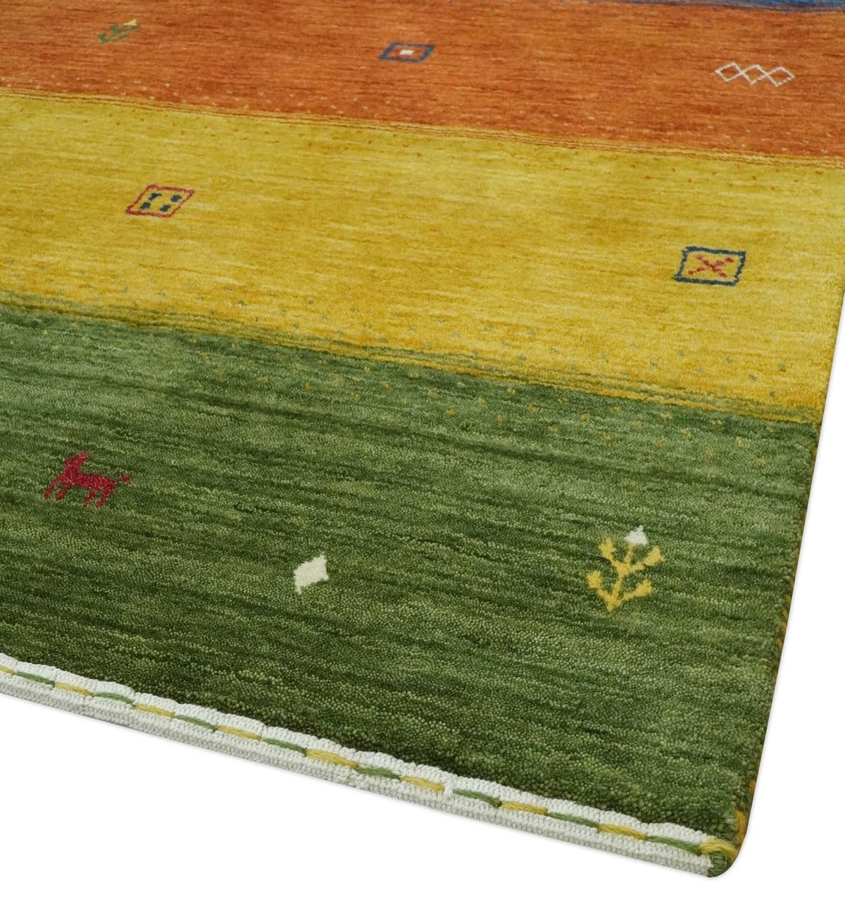Tribal Gabbeh Green, Gold, Rust and Blue Stripes Design Multi Size Wool area Rug.