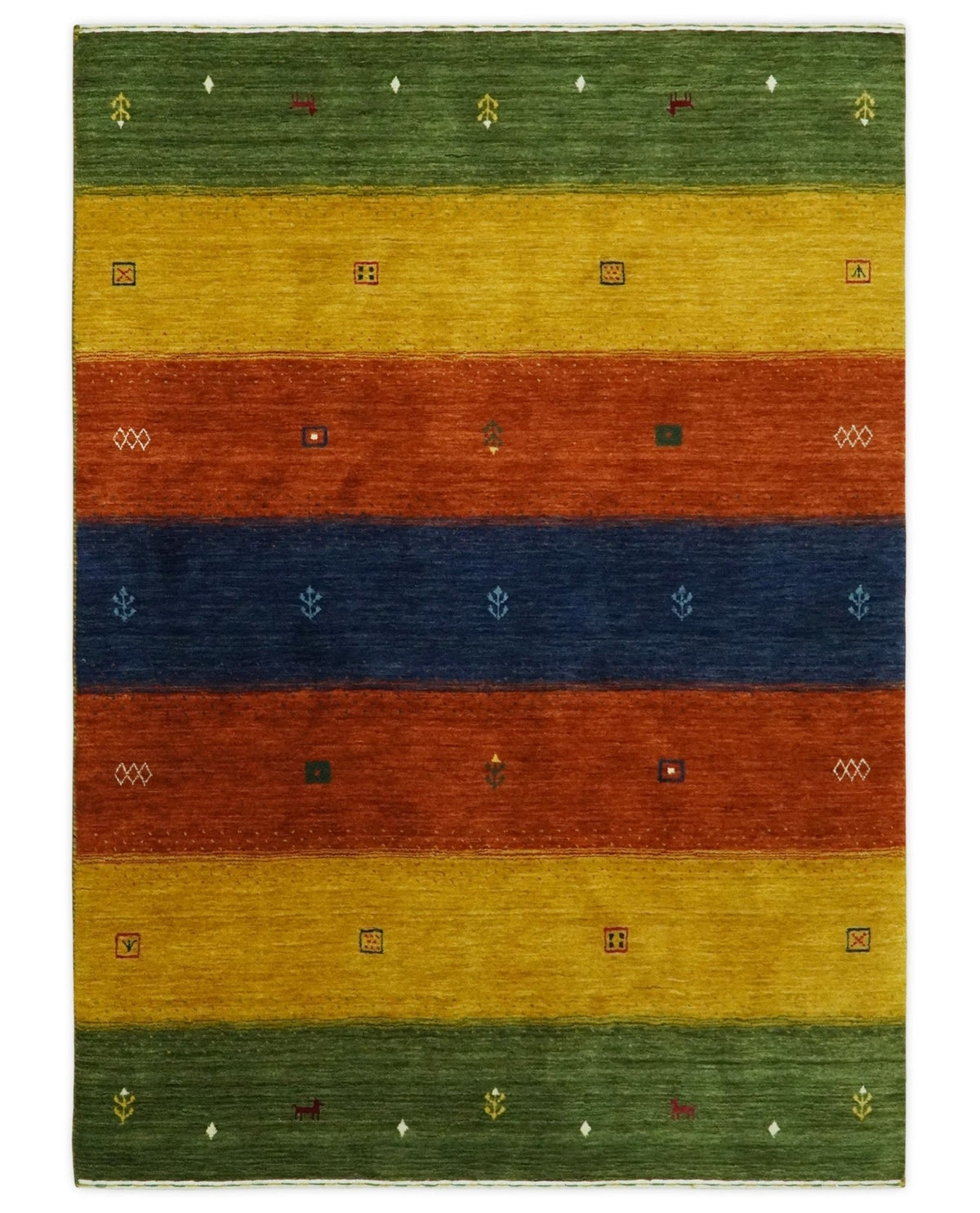 Tribal Gabbeh Green, Gold, Rust and Blue Stripes Design Multi Size Wool area Rug.