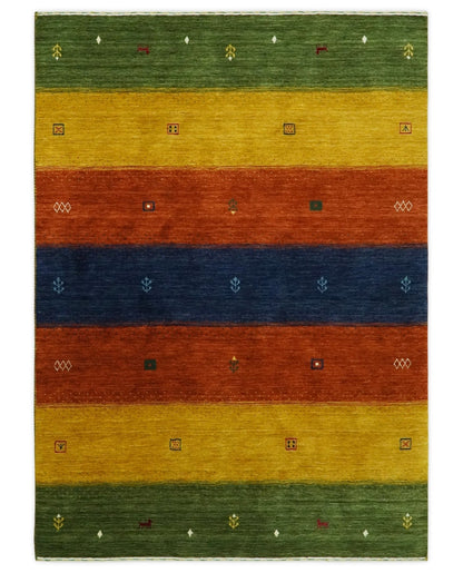Tribal Gabbeh Green, Gold, Rust and Blue Stripes Design Multi Size Wool area Rug.