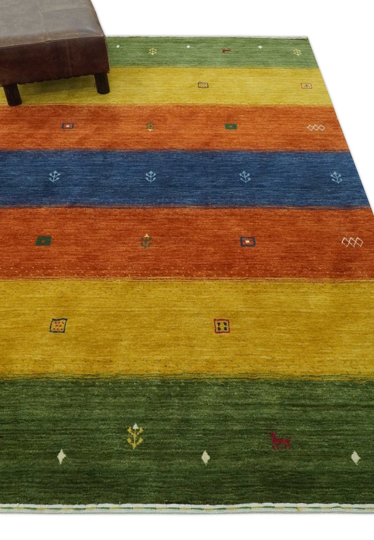 Tribal Gabbeh Green, Gold, Rust and Blue Stripes Design Multi Size Wool area Rug.