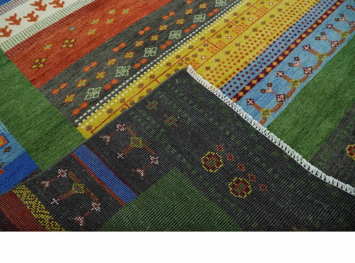 Tribal Gabbeh Green, Rust, Blue and Gold Hand knotted Antique Style Traditional Wool Area Rug.