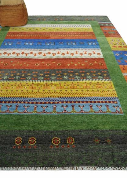 Tribal Gabbeh Green, Rust, Blue and Gold Hand knotted Antique Style Traditional Wool Area Rug.