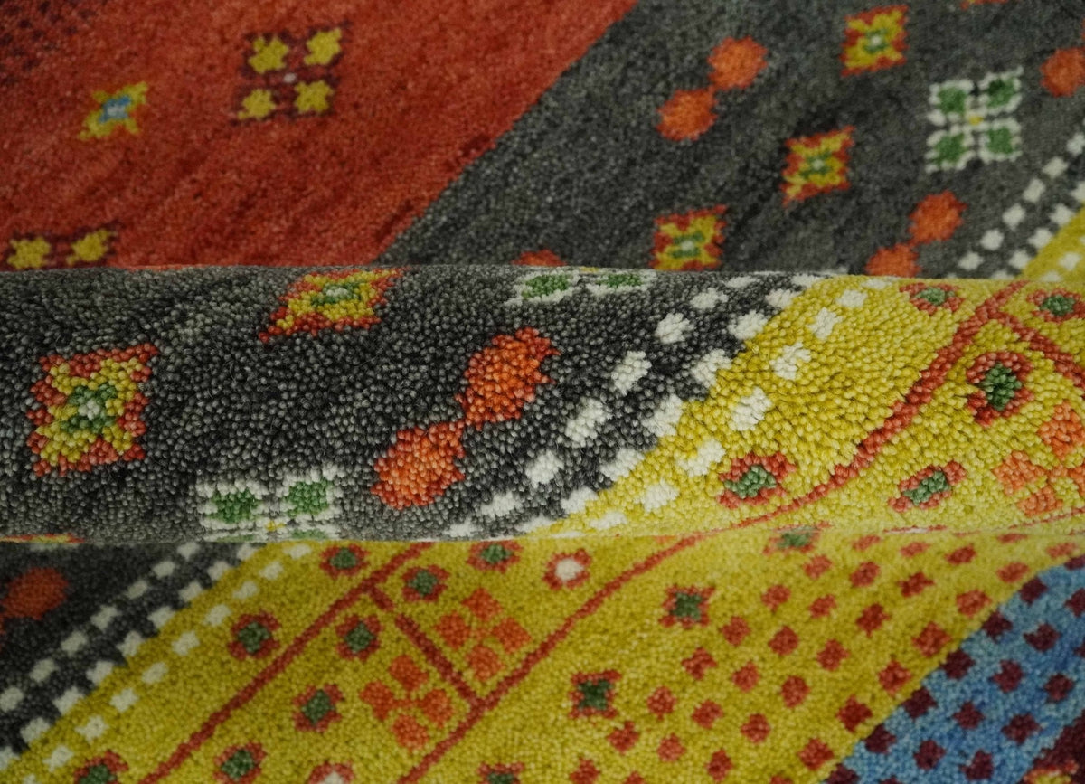 Tribal Gabbeh Green, Rust, Blue and Gold Hand knotted Antique Style Traditional Wool Area Rug.