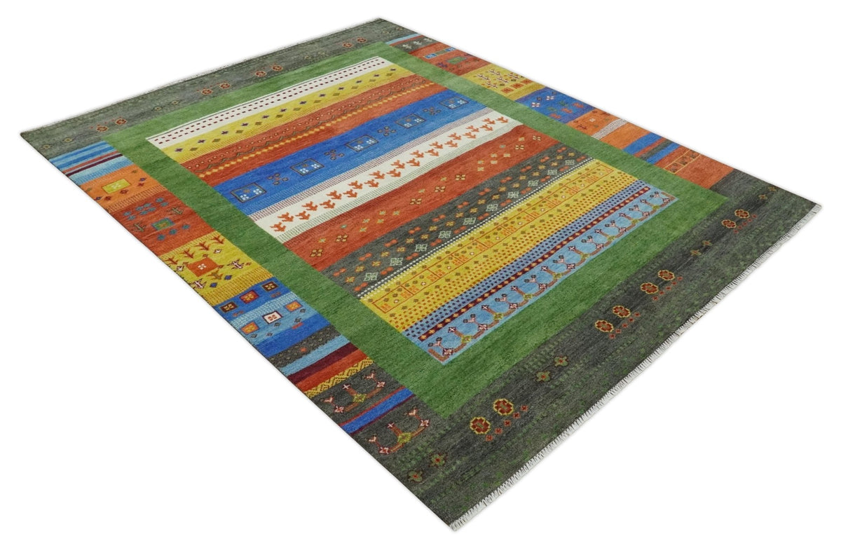 Tribal Gabbeh Green, Rust, Blue and Gold Hand knotted Antique Style Traditional Wool Area Rug.