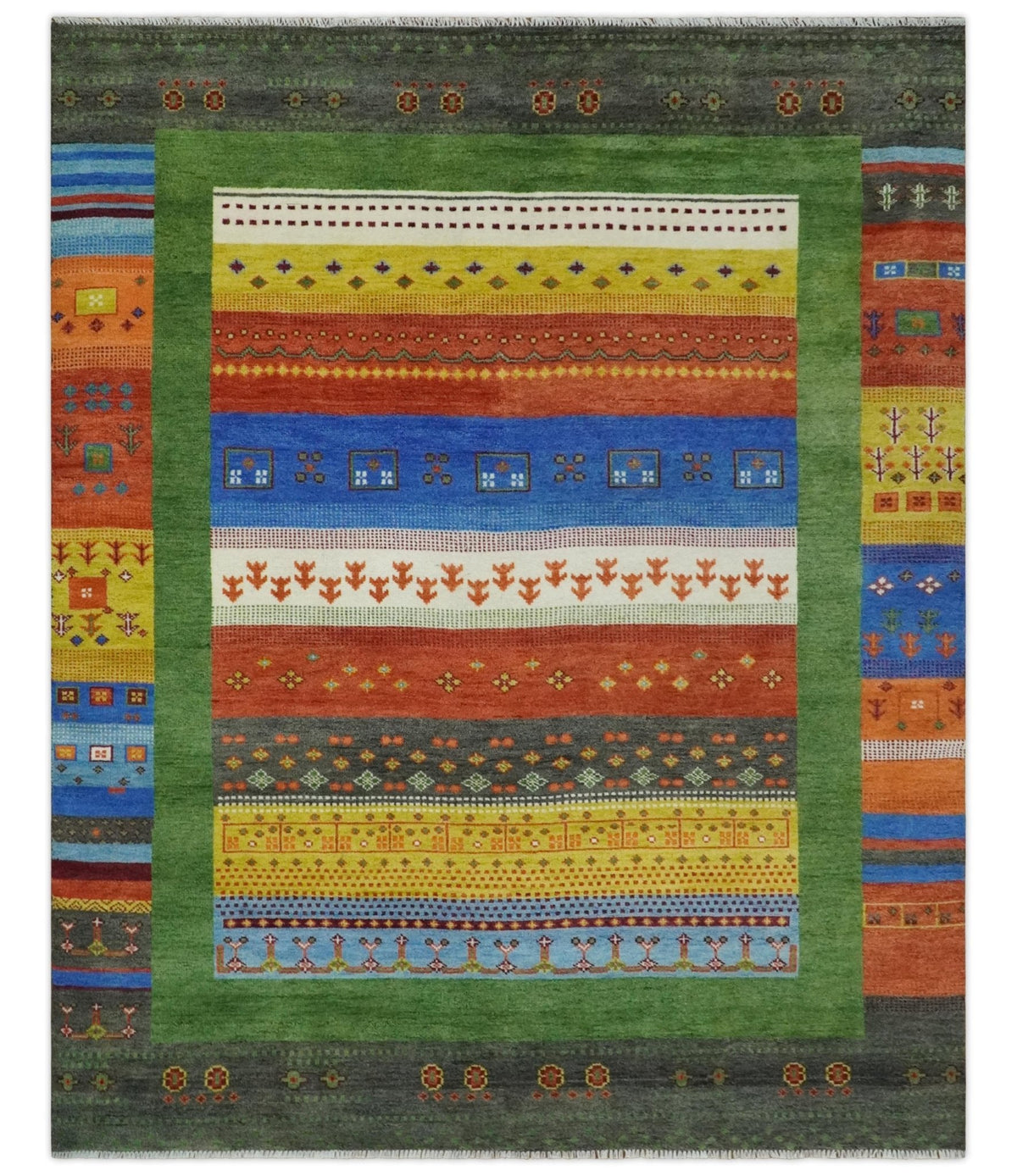 Tribal Gabbeh Green, Rust, Blue and Gold Hand knotted Antique Style Traditional Wool Area Rug.