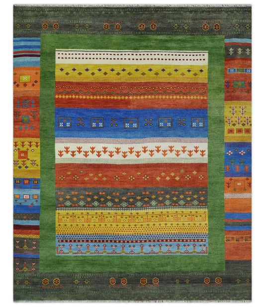 Tribal Gabbeh Green, Rust, Blue and Gold Hand knotted Antique Style Traditional Wool Area Rug.