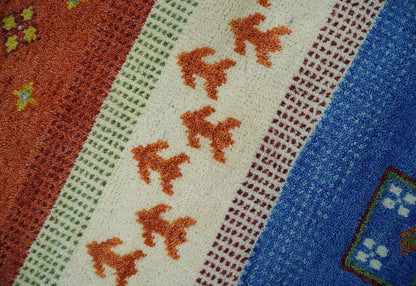 Tribal Gabbeh Green, Rust, Blue and Gold Hand knotted Antique Style Traditional Wool Area Rug.
