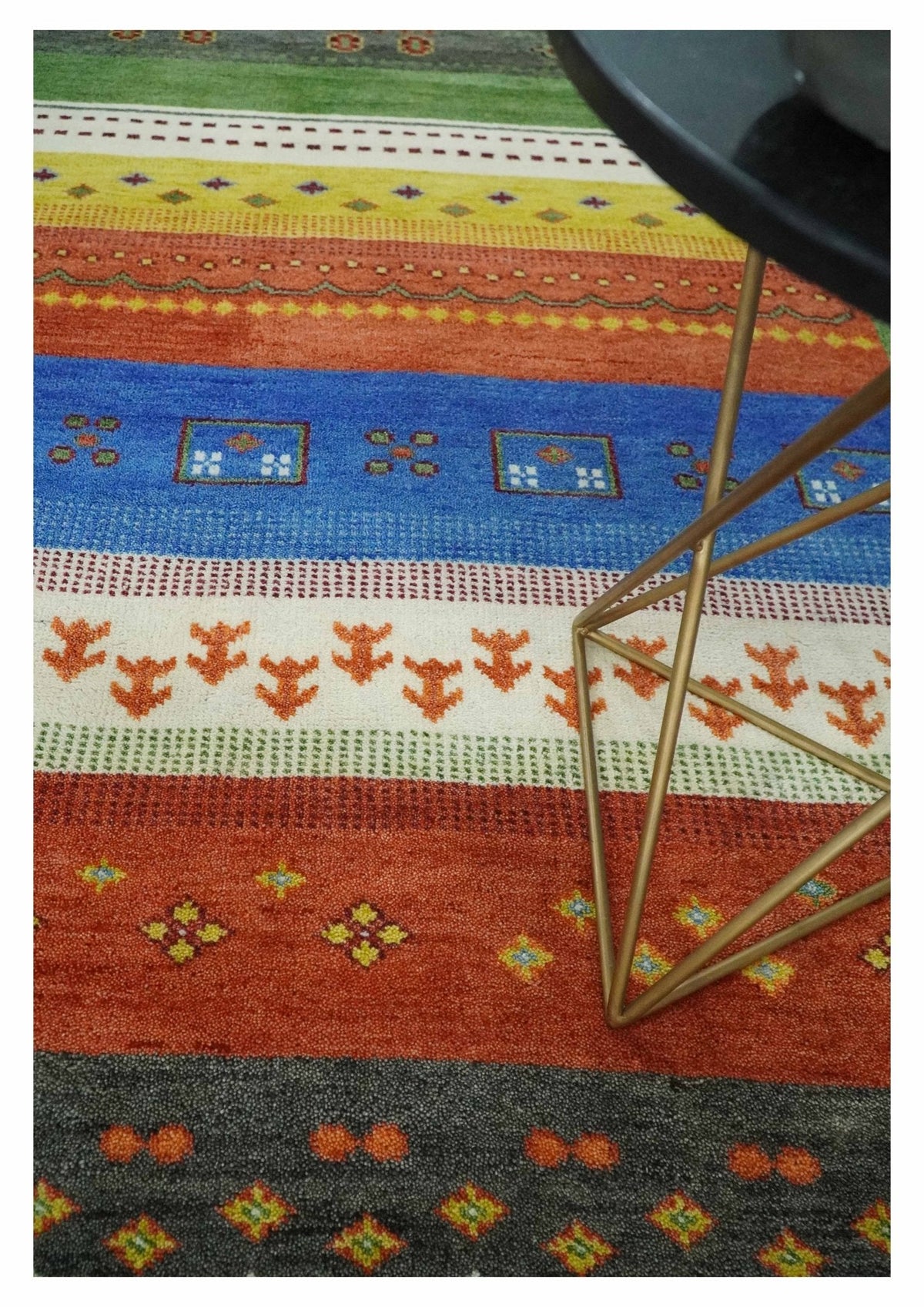 Tribal Gabbeh Green, Rust, Blue and Gold Hand knotted Antique Style Traditional Wool Area Rug.